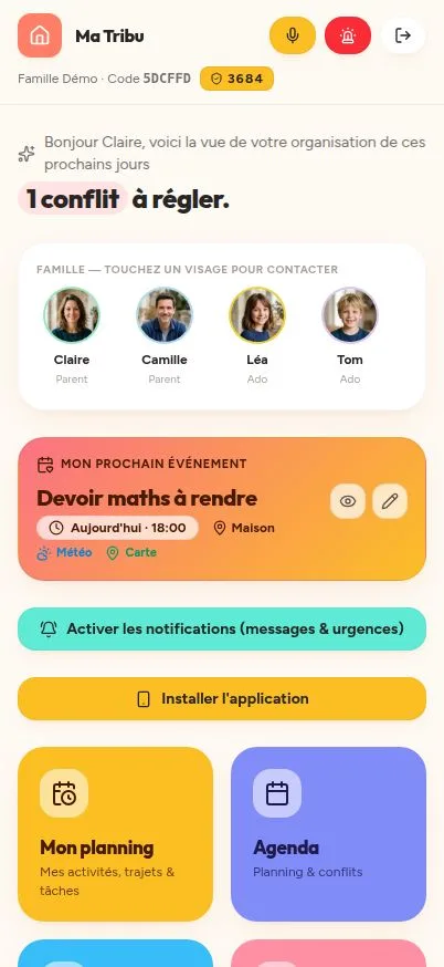 Écran d’accueil de Ma Tribu présentant les membres et les prochains évènements d’une famille de démonstration