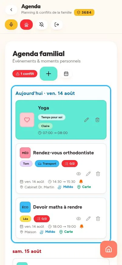 Agenda partagé de Ma Tribu affichant les évènements de la semaine d’une famille de démonstration