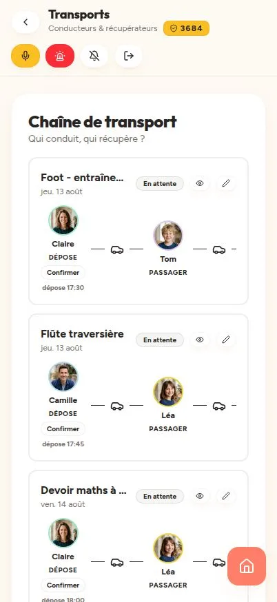 Écran transport de Ma Tribu montrant les étapes d’un trajet avec le conducteur de chaque étape